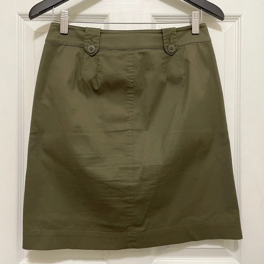 Talbots Petites Button Front Khaki Skirt Olive Green Anchor Buttons Sz 2P Cotton